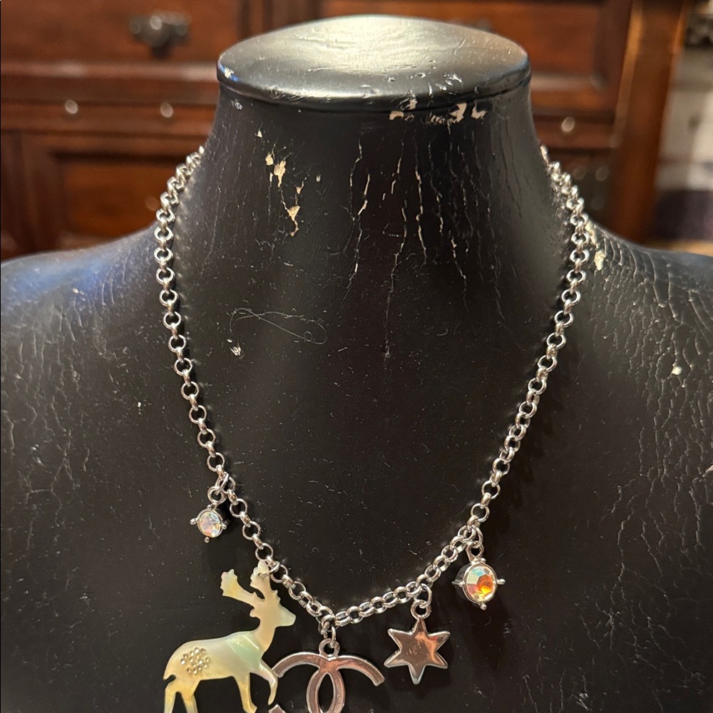 CHANEL Silver-Tone Charm Necklace with Iridescent Accents